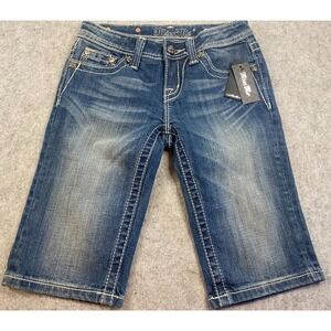 Miss Me Bermuda Denim Shorts Medium Wash Cross Wing Embellished Size 14**NWT